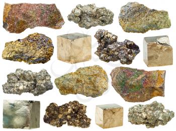 set of natural mineral stones - specimens of pyrite rocks isolated on white background
