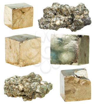 set of natural mineral stones - specimens of cristalline pyrite gemstones isolated on white background