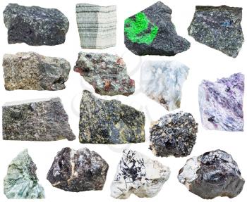 set of natural mineral rock stones - bornite, perovskite, ilmenite, sphalerite, anhydrite, eclogite, uvarovite, diopside, charoite, arsenopyrite, clinkstone, clinochlore, skarn, epidote isolated