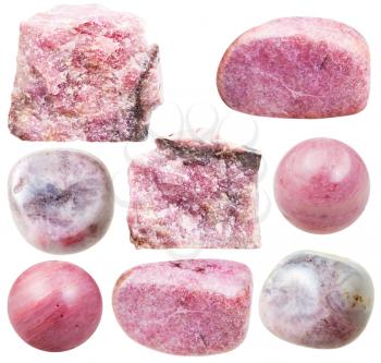 set of natural mineral stones - specimens of rhodonite tumbled gemstones and rocks isolated on white background