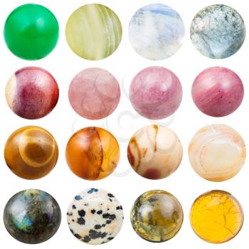 balls of natural mineral gemstones Onyx, aventurine, onyx, moonstone, aquamarine, mookaite, rose quartz, rhodonite, agate, labradorite, aplite, jade, tourmaline, fire opal isolated on white background
