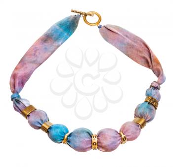 top view of textile necklace from pink and blue painted silk and bronze beads isolated on white background