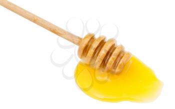 puddle of yellow honey and wooden spoon close up isolated on white background