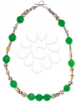 green necklace from natural gemstones (green aventurine, carved bone, yellow agate beads) isolated on white background