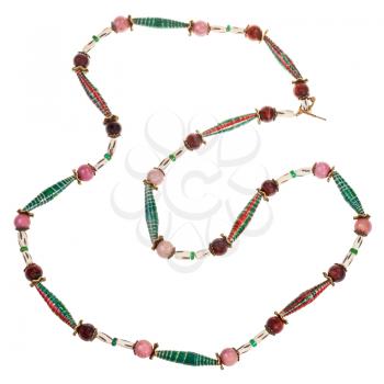 necklace from handmade painted paper beads, bronze and natural gemstones (rhodonite,tigereye balls) isolated on white background