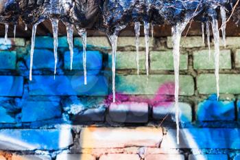 icicles on roof of shed with painted brick wall in sunny winter day
