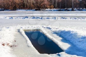 ice-hole in frozen lake in sunny winter day
