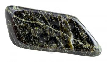 macro shooting of natural gemstone - tumbled dark green Diopside mineral gem stone isolated on white background