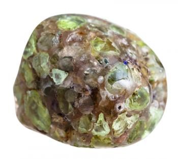macro shooting of natural gemstone - pebble of peridot (Chrysolite, olivine) gem crystals in mineral stone isolated on white background