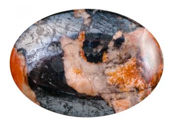 macro shooting - oval mookaite (australian jasper) with hematite mineral gemstone isolated on white background