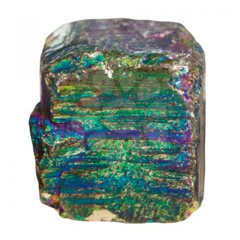 macro shooting of natural rock specimen - piece of iridescent (rainbow) pyrite mineral stone isolated on white background