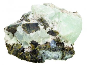 macro shooting of natural rock specimen - green Prehnite mineral stone and Epidote crystals isolated on white background