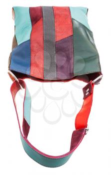 above view of shoulder bag from multi-colored leather pieces isolated on white background