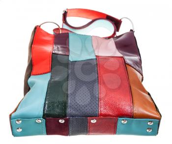 bottom view of shoulder bag from multi-colored leather pieces isolated on white background