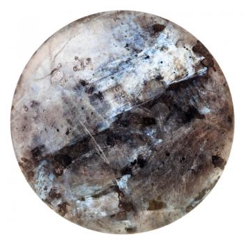 macro shooting - polished round cabochon of labradorite mineral gemstone isolated on white background