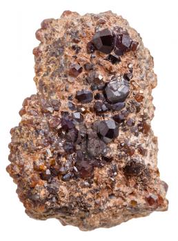 macro shooting of natural rock specimen - piece with Andradite (Melanite, garnet) crystals isolated on white background