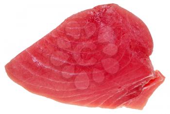 above view of slice of raw tuna fish meat isolated on white background