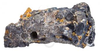 macro shooting of natural rock specimen - piece of Pisolite mineral from iron ore (hematite with magnetite) isolated on white background