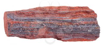 macro shooting of natural rock specimen - schist from ferruginous quartzite ( jaspillite, jaspilite, taconite, itabirite, hematite, iron ore) mineral isolated on white background