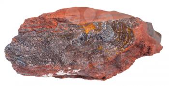 macro shooting of natural rock specimen - gemstone of ferruginous quartzite ( jaspillite, jaspilite, taconite, itabirite, hematite, iron ore) mineral isolated on white background
