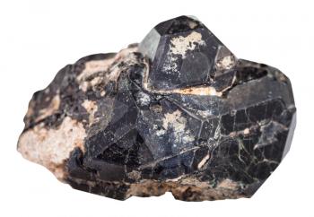 macro shooting of natural rock specimen - black Spinel crystal on black diopside gemstone isolated on white background