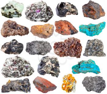 spinel, wolframite, chrysocolla, gemstone, magnetite, limonite, jaspillite, hematite, pisolite, graphite, spessartine, garnet, corundum, andradite, melanite, prehnite, epidote mineral stones on white
