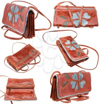 set from small handy leather female handbag with flower ornament
