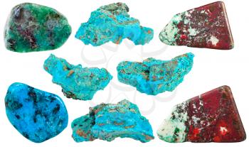 set of Chrysocolla mineral stones and polished gemstones isolated on white background