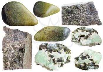set of green Epidote crystals and polished stones isolated on white background