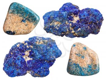 set of crystalline and polished azurite mineral stones isolated on white background