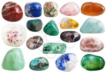 moonstone, agate, sodalite, turquoise, jasper, cinnabar, quartz, citrine, aventurine, rhodonite, chrysolite, bloodstone, jadeite, lapis lazuli, spessartine, aragonite, prehnite, gemstones on white