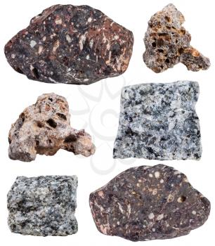 set of various basalt mineral stone isolated on white background