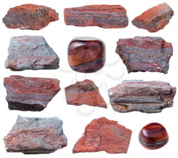 set of jaspillite (jaspilite, ferruginous quartzite, taconite, itabirite) gemstones, minetal stones isolated on white background