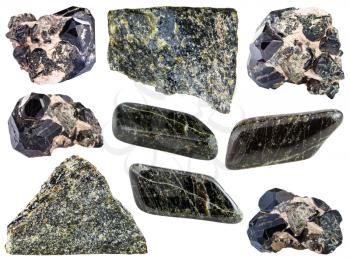 set of Diopside rock, polished gemstones, crystals isolated on white background