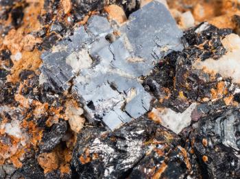 macro shooting of natural mineral stone - crystals of Galena (lead glance) and Sphalerite (zinc blende) on dolomite rock close up