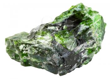macro shooting of natural mineral stone - raw chrome diopside (green diopside, Siberian emerald) stone isolated on white background