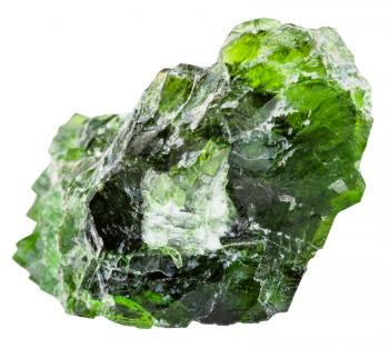 macro shooting of natural mineral stone - raw chrome diopside (green diopside, Siberian emerald) gem isolated on white background