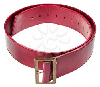 wide red belt with brass buckle isolated on white background