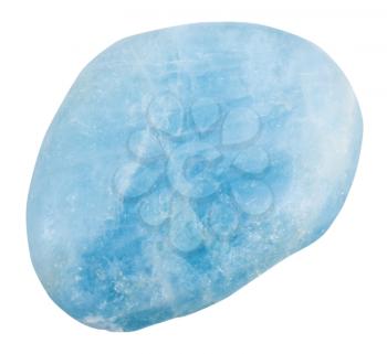 macro shooting of natural mineral stone - polished pebble of aquamarine (blue Beryl) gemstone isolated on white background