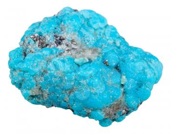 macro shooting of natural mineral stone - raw blue Turquoise gemstone from Mexico isolated on white background