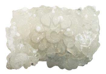 macro shooting of natural mineral stone - raw prehnite gemstone with white Okenite crystals isolated on white background