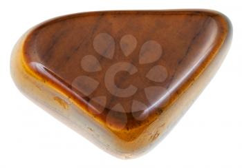 macro shooting of natural mineral stone - tumbled tiger-eye gemstone isolated on white background