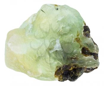 macro shooting of natural mineral stone - green Prehnite gemstone with Epidote crystals isolated on white background