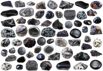 set of black natural mineral stones and gemstones isolated on white background