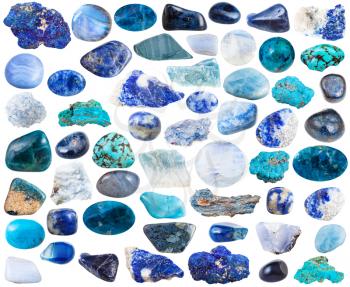 set of blue natural mineral stones and gemstones isolated on white background
