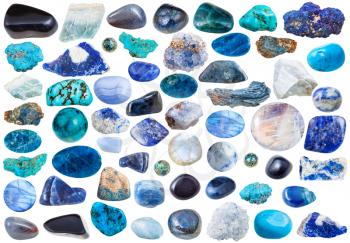 set of blue natural mineral stones and gems isolated on white background