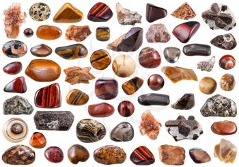 set of brown natural mineral stones and gemstones isolated on white background