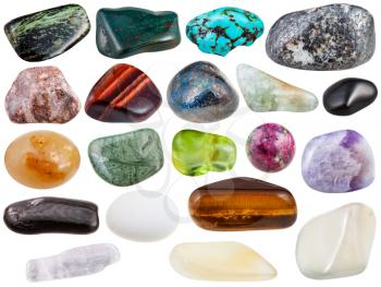 set of various polished natural mineral stones and gemstones - azurite, chessylite, moonstone, agate, hypersthene, cacholong, tigers eye, tinguaite, peridot, etc isolated on white background
