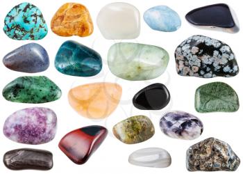 set of various polished natural mineral stones and gemstones - stilbite, agate, hypersthene, , amethyst, tinguaite, phonolite, chalcedony, cordierite, aquamarine, etc isolated on white background