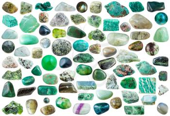 set of green mineral stones, crystals and gemstones isolated on white background